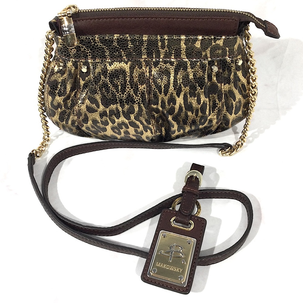 B. MAKOWSKY Leather Leopard Crossbody Bag with Keychain